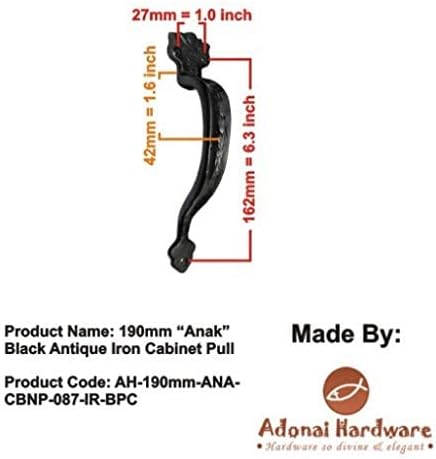 Adonai Hardware "Anak Black Antique Iron Cabinet Pull (190mm, Black Powder Coated)- Supplied as 2 Pieces per Pack