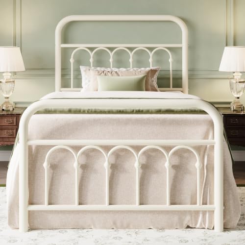 MUTICOR Cadre de lit en métal 90 x 200 cm de Style Victorien, Blanc crème | Cadre de lit robuste avec lattes métalliques renforcées et 31,8 cm de hauteur libre pour un rangement pratique sous le lit