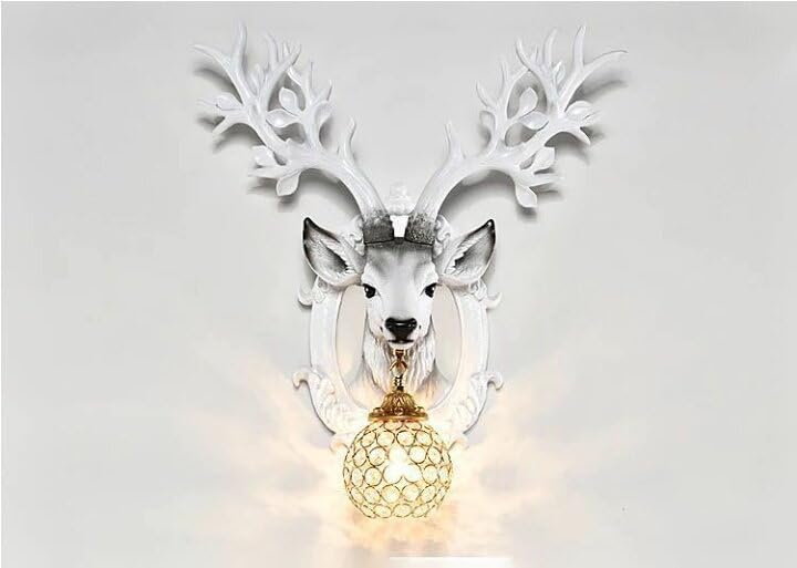 Image of Deer Head Wall Sconce with Crystal Ball Shade, White Resin Antler Wall Light, Rustic Lodge Decor Lamp for Living Room, Bedroom, Hallway, Entryway, Nordic Style Wall Mounted Fixture, 56x51cm