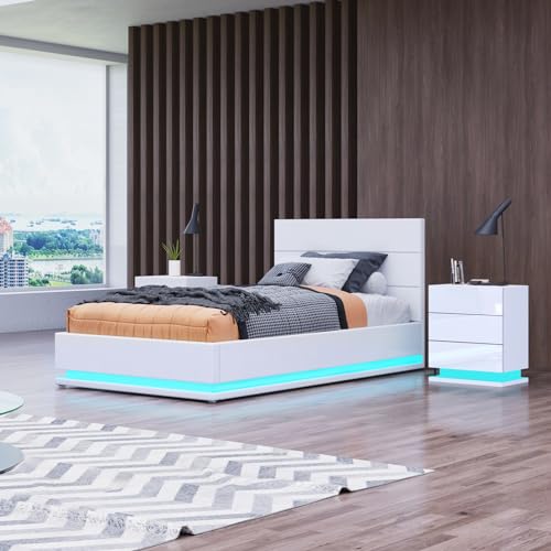 Bed Frame, 4FT6 Ottoman Bed with LED Light, Gas Lift Bed Bed Frame with Storage, Faux Leather Double Bed for Bedroom Living Room Home Furniture, White