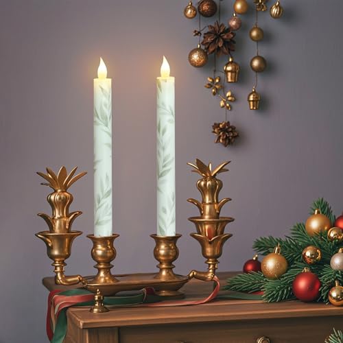 Image of Willow Leaf Flameless Taper Candles with Remote & Timer Real Wax LED Taper Candles Flickering Candlesticks Battery Operated Candle for Home Wedding Party Summer Fall Christmas Decor 2 Pack 9.6 inch