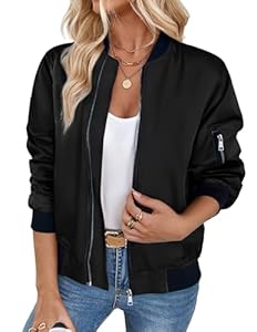 ZEAGOO Blouson Damen Herbst Dünn Bomberjacke Vintage College Jacke Lässig Coat mit 2 Taschen Reißverschluss Schwarz L