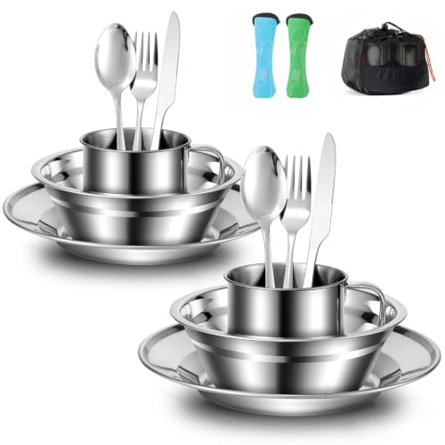 Odoland Campingbesteck Set Geschirrset aus Edelstahl Tafelservice mit Tasche Messer Gabel Löffel Teller Kaffeebecher ideal für 1-4 Personen Outdoor Reisen Wandern Camping