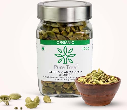 Image of Pure Tree Certified Organic Elaichi | 100 g | Glass Jar | Organic Green Cardamom Whole Spices Hari Chhoti Elaichi Seeds Unique Aroma & Pleasant Flavour