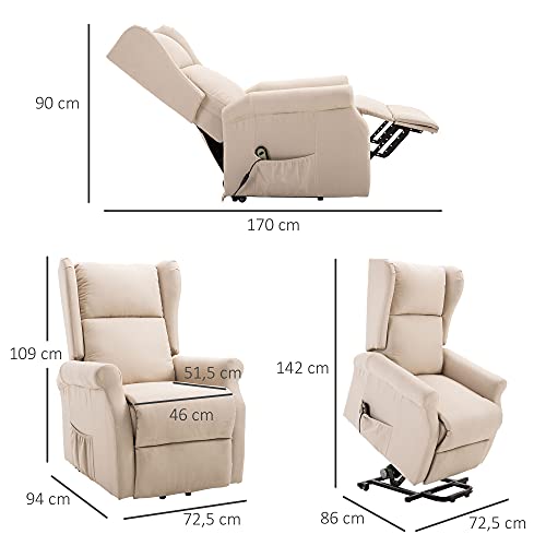 HOMCOM Fernsehsessel mit Aufstehhilfe Elektrisch Relaxsessel mit Liegefunktion, TV-Sessel mit Fernbedienung Seitentasche Leinenoptik Cremeweiß