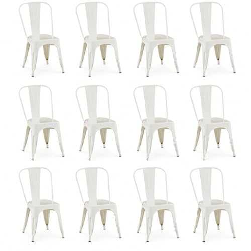 Image of Metal Dining Chairs with Backrest, Stackable, White, 12 Pack | Easy Assembly, Non-Slip Feet, 330 lb Capacity, Kitchen, Restaurant, Cafe, Pub, Covered Patio
