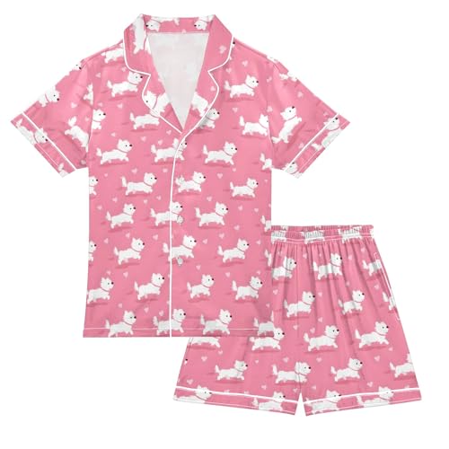 Pink Cute Dogs Heart Pattern Summer Satin Pajama Set, Cute Button-Down Sleepwear Pj Set for Sleep Wears