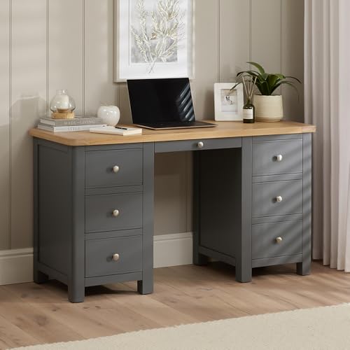 The Furniture Market Marbury Slate Grey Painted | Twin Pedestal Desk | Dressing Table | 6 Drawers | Country Style | Solid Wood | Home Office or Bedroom | H 780 x W 1400 x D 540mm
