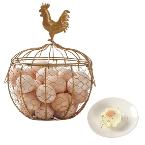 Rersduyt Egg Holder for Countertop Metal Chicken Egg Collecting Basket with Handle Farmhouse Storage Rack(Gold)