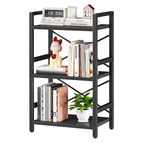Homeiju Libreria, libreria industriale a 3 ripiani, piccola libreria in metallo, rustica Etagere, scaffale per libri, organizer per soggiorno, camera da letto e ufficio domestico (nero) in attesa di
