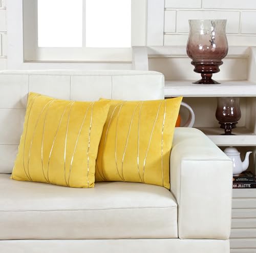 Image of Amazon Brand - Umi Gold Leather Striped Pack of 2 Throw Pillow Covers Velvet Decorative Cushion Covers Cases for Sofa Bedroom Livingroom Car 18 x 18 in Yellow Color