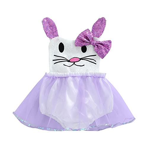 Baby Girl Easter Bunny Mesh Dress Sleeveless Sequins Rainbow Halter Tulle Tutu Dress Holiday Rabbit Princess Dress (A-Purple, 12-18 Months)