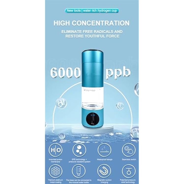 Portable 6000PPB Hydrogen Water Generator, High Concentration Hydrogen Rich Water Bottle SPE/PEM H2 Water Generator, Hydrogen Water Maker