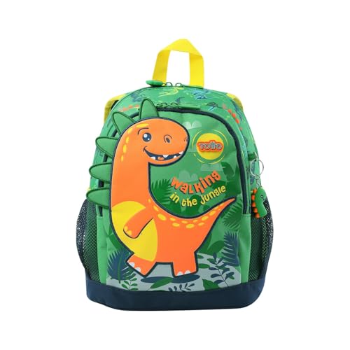 TOTTO - Mochila Infantil, Modelo Dinomax S, Mochila Pequeña, Capacidad 8 L, 2 Compartimentos, 2 Bolsillos para Botella, Organizador Interno, Correas Acolchadas, Resistente y Duradera, Color Verde