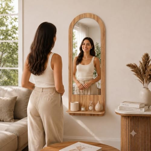 Image of Creative Arts n Frames Full length 15x47 inch Long Wall Mount HD Mirror with Shelf for Bedroom Bathroom Living room Home Office Decor(15x47 inch Framed Mirror with Shelf Arch Natural Iqurel Oak Light)