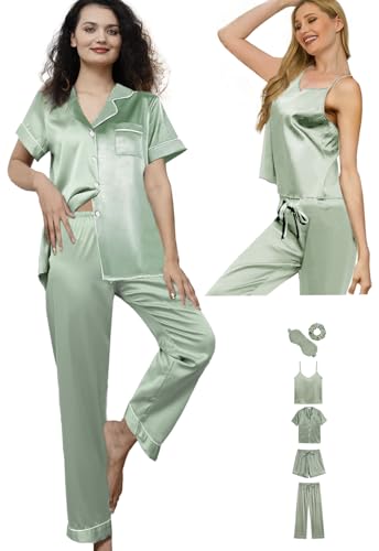 6Pcs Womens Silk Satin Pajama Sets Pj Sets Short Pjs Set Pajamas Sleepwear Camisole Sexy Cami