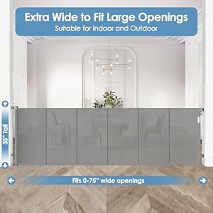 Reinforced 75” Wide Retractable Dog Gate with Support Rods, Upgrade Extra Wide Retractable Baby Gates for Doorways Long Mesh Gate for Kids and Pets Safety Child Gate for Stairs Toddler Gate (Gray)