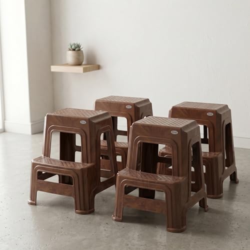 Image of Oaknest Supreme Multipurpose Plastic 2-Step Stool for Kids & Adults - Anti-Slip Lightweight Stepping Stool for Kitchen, Bathroom & Home - Teakwood, 4 Piece