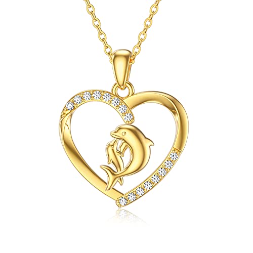 YDD 14k Solid Gold Dolphin Necklaces for Women Dolphin Mother Necklace Mom necklce Love Heart Pendant Mama Necklace Ocean Necklace Mom Gifts 16