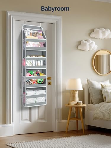Yecaye 5 Tier 1Pc Over the Door Organizer, Swing-proof Door Organizer Hanging with Clear PVC Windows, Behind the Door Storage for Bedroom Nursery Closet Laundry Pantry Bathroom, Grey