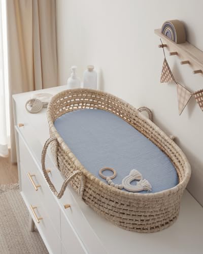 Image of Blissful Diary Muslin Bassinet Sheets, 2 Pack, Light Blue & Grey | fitted for bassinet mattress, soft and breathable cotton, boho style, easy care for machine wash, gift for boy and girl
