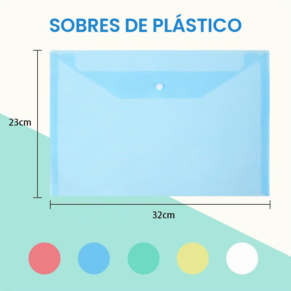 Vicloon Carpetas Para Archivo, 20Pcs Carpetas de Plástico A4 Bolsas de Documentos con Botón para Documentos, Certificados, Recibos, Oficina y Escolar, 5 Colores