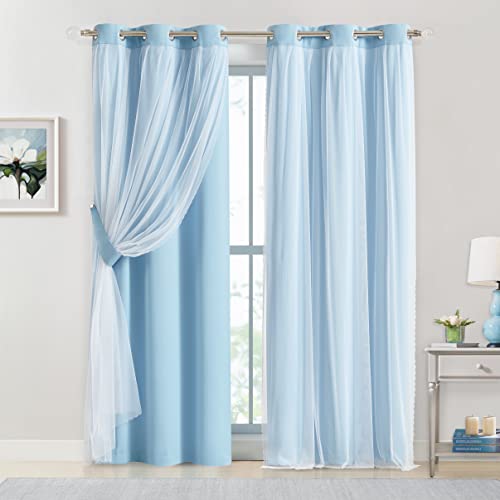 Image of Bujasso Sky Blue 80% Blackout Curtains with Sheer Overlay Mix and Match Double Layer Thermal Insulated Window Panels 84 inch for Living Room Bedroom Blue Drapes with Tiebacks Grommet Top 37 inch Wx84 Lx2