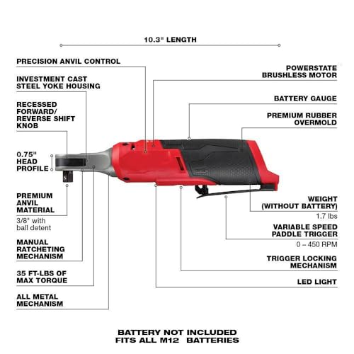 YIBEIW Fits Milwaukee M12 Fuel 3/8\"\" High Speed Ratchet 2567-20 (Bare Tool) - Thumbnail 2