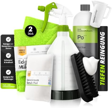 Pol Star Set: Koch Chemie Pol Star Textil Leder Alcantara Reiniger 1L + 360° Sprühflasche 500ml + Messbecher 100ml + 2 Mikrofasertücher + Scrub Pad + Bürste | sauber mischen & sofo