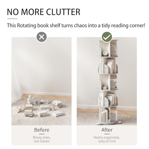 Deer COCO 5-Tier Rotating Bookcase with Wheels, 360° Spinning Bookshelf Tower for Corner Spaces, Multi-Functional Book Display Stand & Organizer for Living Room, Bedroom, Classroom, Office - White — view 5