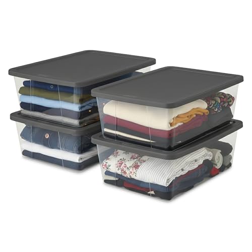 HOMZ 4-Pack Snaplock, Small Clear Plastic Storage Organizer Bins w/Lids, 12 Quart, Gray - Stackable Container Boxes for Bedroom, Bathroom, Garage, and Office Organization