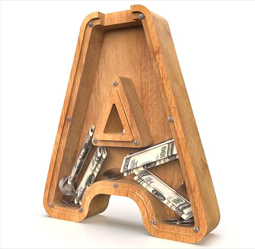 Image of Piggy Bank for Kids, Boys, Girls, Large Personalized Wooden Letter Piggy Bank with Cut Out Design, Alphabet Letter Coin Banks, Money Savings Box, Wooden Bench for Kids Creative