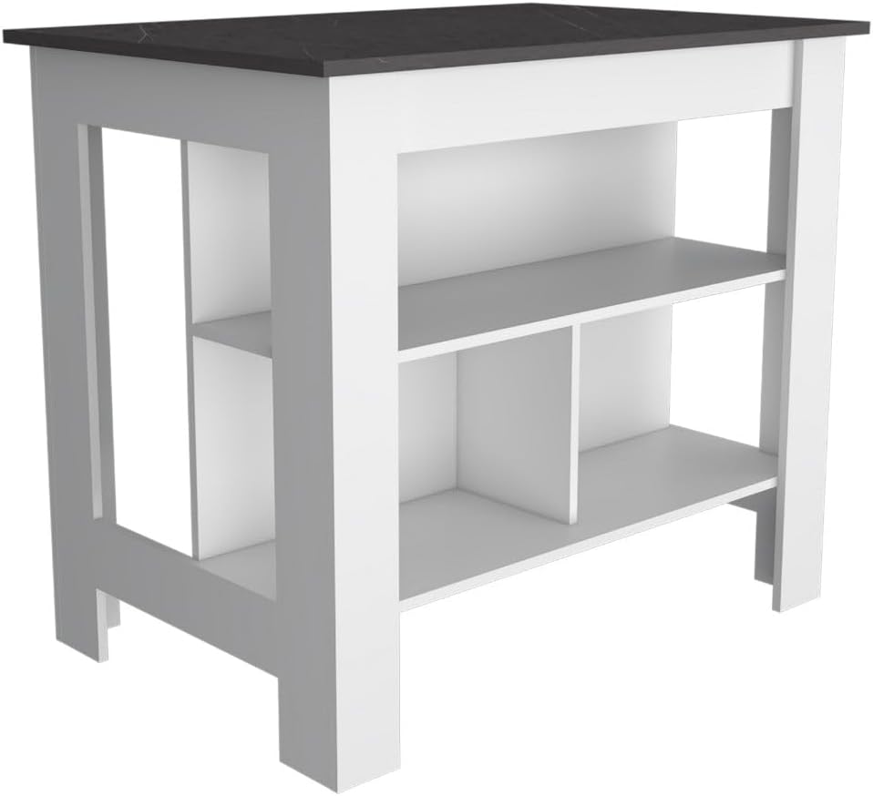 Kitchen Island Kitchen Table 35" H Four Legs Three Open Storage Shelves White/Onix