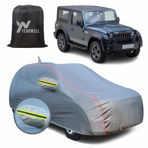 Image of Car Body Cover for Mahindra Thar, 100% Waterproof, Heat-Resistant with Mirror & Antenna Pockets, Soft Cotton Lining, Triple Stitched, Green Reflector (Metallic Grey)
