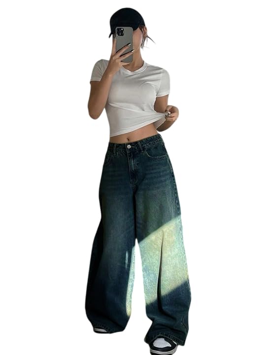 Image of KOTTY Women Trendy Wide Leg Jeans High Waist Baggy Fit Denim Streetwear Jeans
