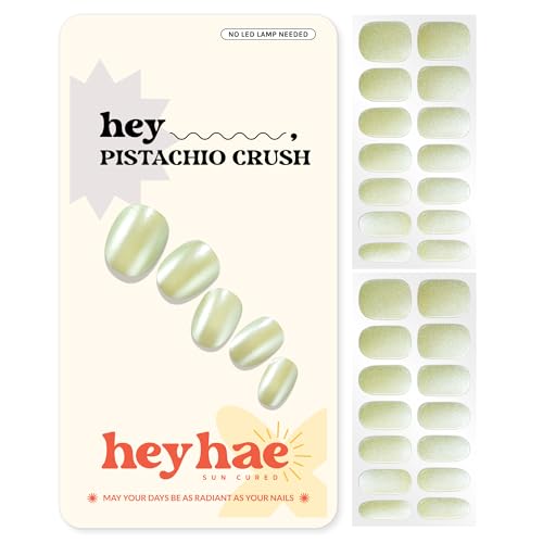 heyhae Semi Cured Gel Nail Strips | No LED Lamp Needed | Summer, Chrome, Green | Easy Apply & Remove, Salon Quality | Includes 28 Strips, 1 Prep Pads, Nail File & Wooden stick - Hey, Pistachio Crush
