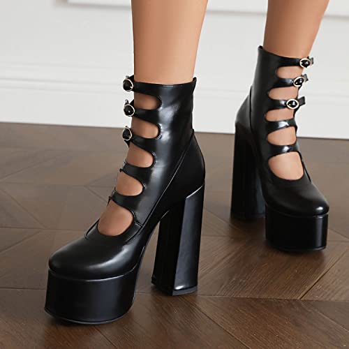 LEHOOR Chunky High Heel Platform Mary Jane Pumps for Women Round Toe Strappy Caged Sandal Booties Zipper 4" Block Heel Triple Ankle Strap Mary Janes Bow Buckle Lightweight Matte Party 4-11 M US3