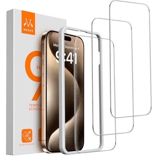 Mkeke Screen Protector for iPhone 15 Pro, 3 Pack Tempered Glass [9H Hardness] [Military-Grade Drop Protection] [Sensitive Touch] [Easy Installation Frame] [HD Clear] for 6.1 inch