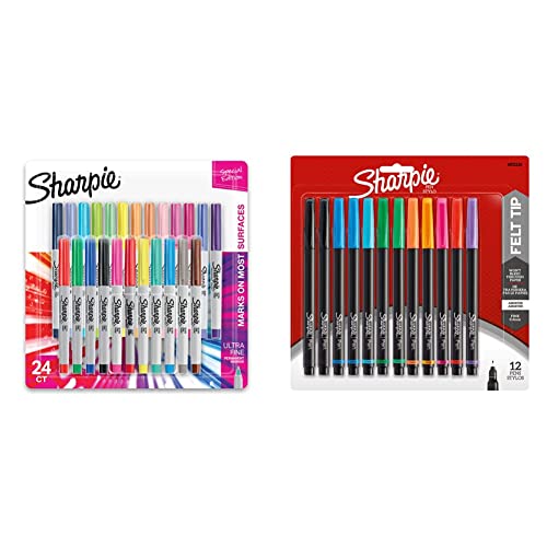SHARPIE Color Burst Permanent Markers, Ultra Fine Point, Assorted Colors, 24 Count & Pens, Fine Point (0.4mm), Assorted Colors, 12 Count