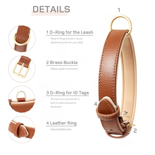 HEELE Hundehalsband aus weichem Leder, für kleine Hunde, atmungsaktiv, gepolstert, mit D-Ring, verstellbar, klassisches Hundehalsband, Braun, S