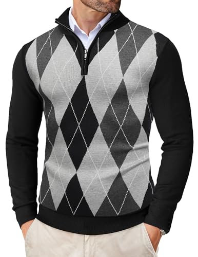 COOFANDY Men's Quarter Zip Up Sweaters Slim Fit Lightweight Pullover Argyle Sweater Mock Neck Pullover Casual Polo Sweaters