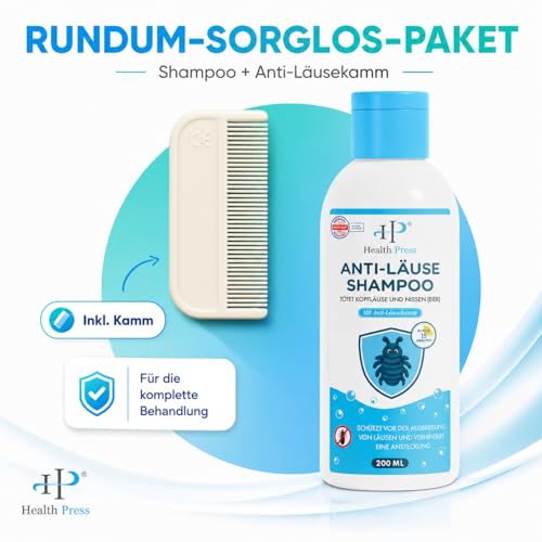 Health Press Anti-Läuse-Shampoo – 200 ml Vorteilspackung – Läuse Shampoo inkl. Läusekamm – Läuseshampoo Familienpackung für Erwachsene, Kinder – In EU zugelassenes Medizinprodukt in Apothekenqualität