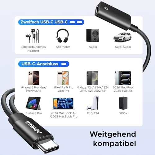 UGREEN USB C Splitter Magnetischer USB C Kopfhörer Adapter und Laden, 2 in 1 Kopfhörer und 60W Schnellladung für iPhone 16 Pro Max iPad Pro/Mini 6 Galaxy S25 S24