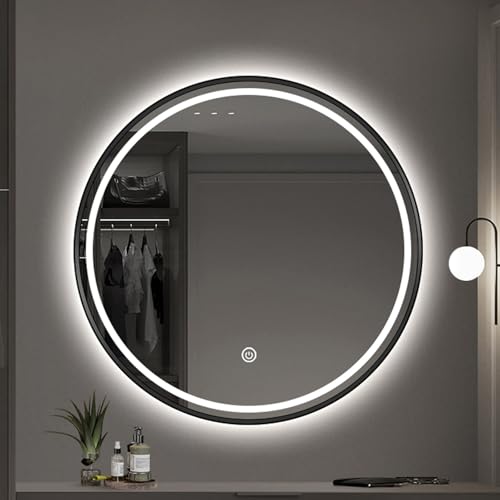 SXKJQER Espejo Baño Redondo con Luz 50cm, Decorativos con Luz Interruptor Táctil，Espejo De Pared con Botón Táctil Inteligente, Espejo De Baño con Marco De Aluminio(Noir,60x60cm)