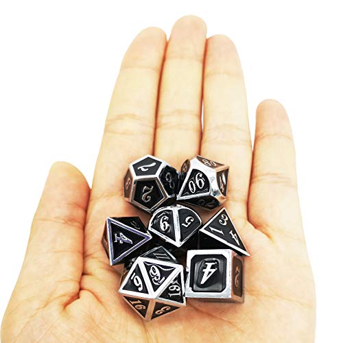Haxtec 7Pcs Metal Dice Set Silver Black D&D Dice For Dungeons And Dragons Games-Silver Black #TOP5