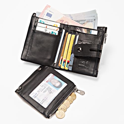 Anti-Theft Mens Wallet with Chain Genuine Leather ID Window Purse with RFID Blocking Bifold Double Zipper Coin Pocket4