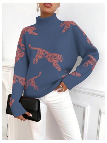 Image of WDIRARA Women's Leopard Tiger Print Sweater High Neck Long Sleeve Fuzzy Knitted Pullover Top