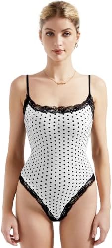 SUUKSESS Women Lace Trim Bodysuits Sleeveless Spaghetti Strap Tank Top