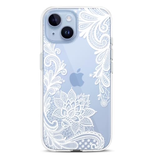 Coque iPhone 14 transparente avec motif floral en dentelle blanche antichoc