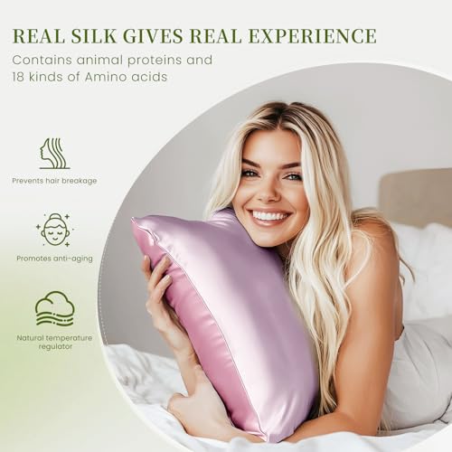 Image of THXSILK Mulberry Silk Pillowcase Queen Size, Set of 2 Pillowcases, Pillow Cover with Hidden Zipper, Soft Smooth Cooling Pillowcases for Hair and Skin, Gift for Women Men, Purple